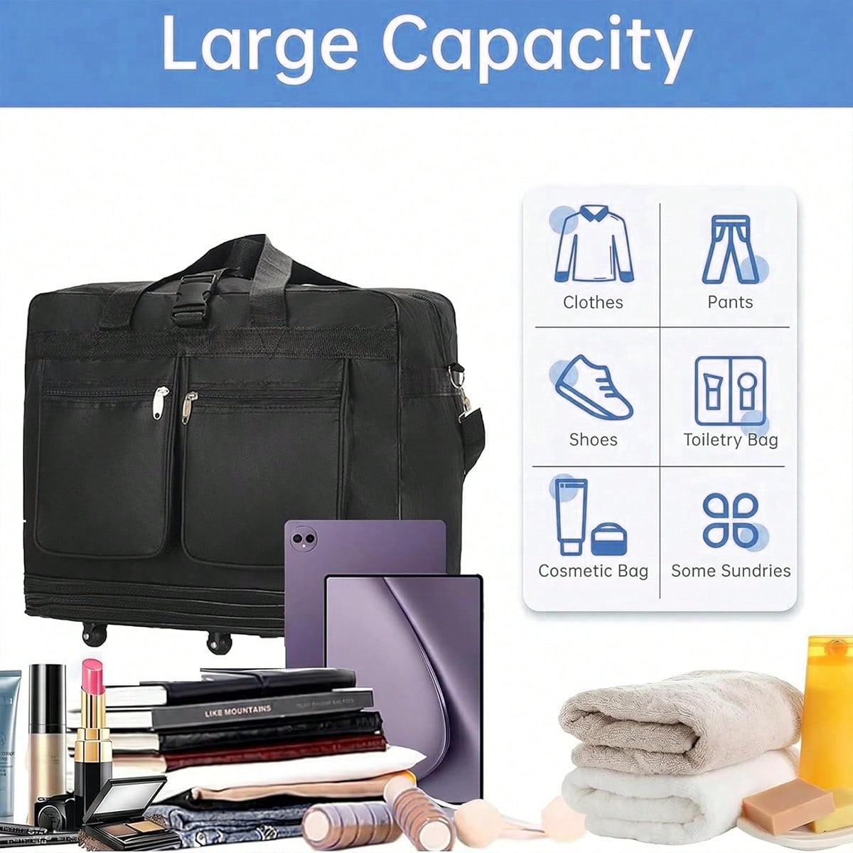 Sac de voyage à roulettes noir - Foldable Rolling Luggage Bag avis et prix